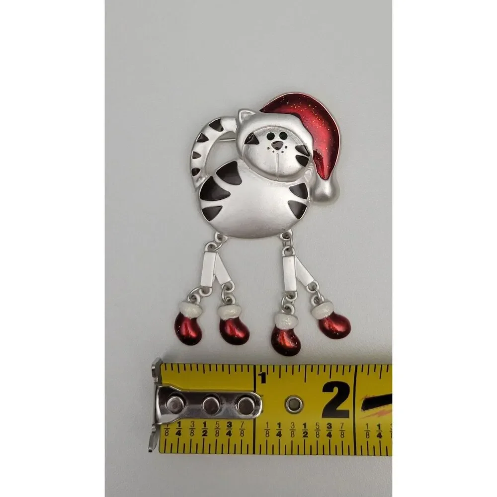 Kmart Holiday Editions Silver Tone Tabby Cat Holiday Pin Santa Hat Dangling Legs